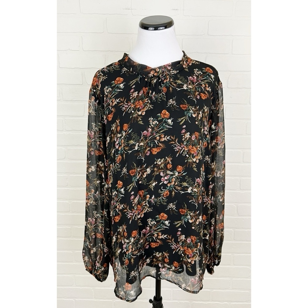 Gilli Floral Mock Neck Sheer Sleeve Long Sleeve Blouse Black Multicolor Size 2X